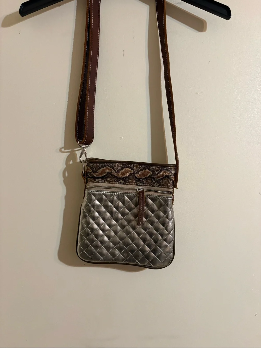 Consuela Quilted Metallic- Silver with Brown Trim/vintage